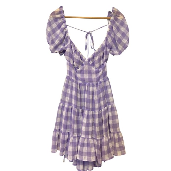 Princess Polly Dresses & Skirts - Princess Polly Purple Gingham Tiered Mini Dress Open Back Puff Sleeve Womens 4